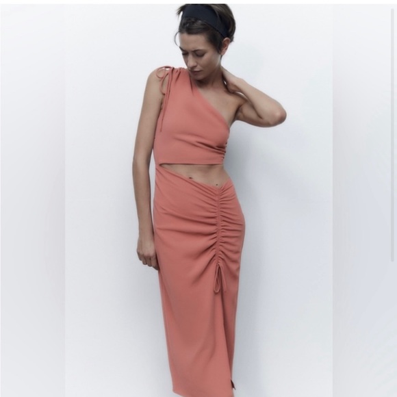Zara Asymmetric Ruched Marsala Midi Dress Size - Picture 3 of 8